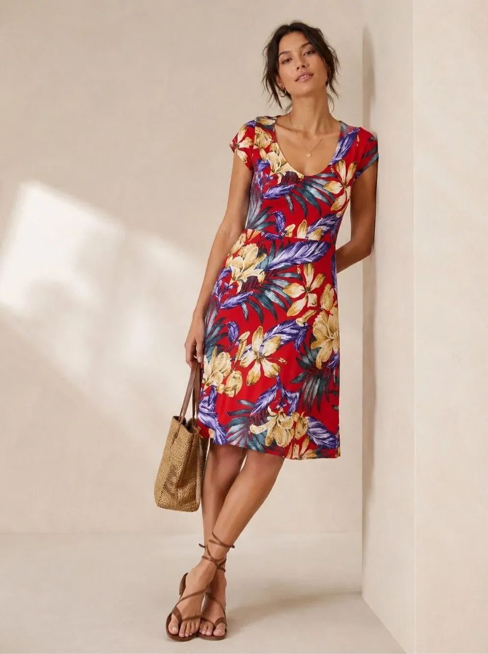 Lascana Red Tropical Floral Viscose Midi Dress Size 40 US 10